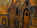 une peinture accrochée au mur d'un immeuble sur laquelle figure une horloge