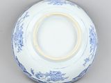 a blue and white plate with a flower design on it