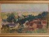 an oil painting of a village with a church in the distance