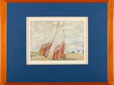 tableau représentant une femme vêtue d'une robe rouge et blanche, dans un cadre bleu