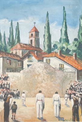 une peinture représentant un groupe de personnes devant un bâtiment