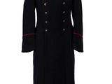 a black coat with red trims and buttons on a mannequin mannequin