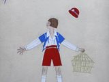painting of a boy juggling with a bird and a birdcage