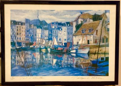 une image d'une peinture de bateaux dans un port