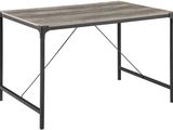 the table is made of wood and metal with a metal frame