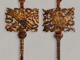 pair of antique brass and wood wall sconces with red handles