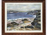 a painting of a rocky beach with waves crashing on the rocks