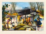 a painting of a man and a woman working in a factory