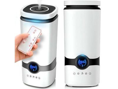 une image représentant une personne tenant une télécommande devant un humidificateur