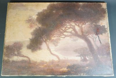 une vieille photo représentant une peinture d'un arbre dans un champ