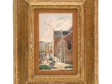 an oil painting of a street scene with a church in the background