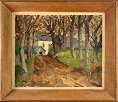 a painting of a dirt road with trees and a house in the background