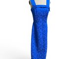 a blue dress on a mannequin stand against a white background