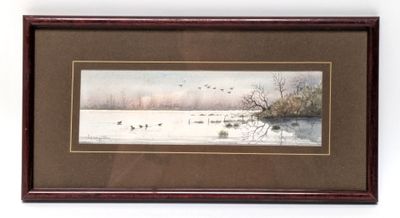 tableau représentant une scène hivernale avec des oies dans un paysage enneigé