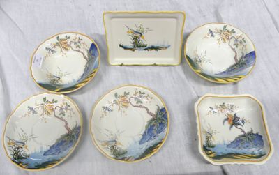 six pieces of porcelain dishes and trays on a table