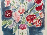 a watercolor painting of a vase with flowers in it