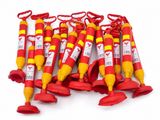 six red and yellow fire extinguisors are lined up on a white surface