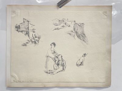 drawing of a woman sitting on a chair with a dog and a cat