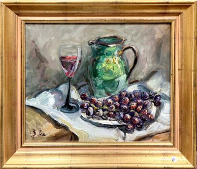 a painting of grapes and a pitcher on a table