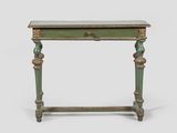 a green table with a drawer on top of it on a white surface