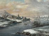 un tableau représentant un paysage hivernal avec des personnes sur une rivière gelée