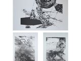 trois photographies en noir et blanc d'un tableau accroché à un mur blanc