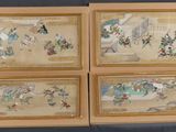 quatre tableaux asiatiques encadrés représentant des personnages et des animaux sur fond noir