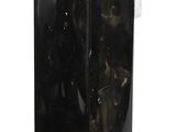 a tall black vase with a man and a dog in it