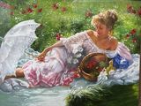 un tableau représentant une femme allongée sur une couverture, avec un parapluie