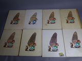 six cards with a picture of a gnome with a hat on them