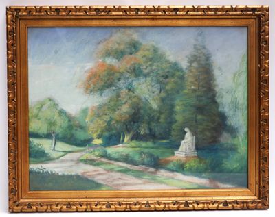 an oil painting of a park scene with a statue in the foreground