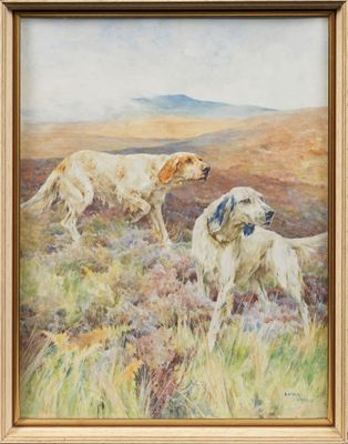 tableau représentant deux chiens dans un champ, avec une montagne en arrière-plan