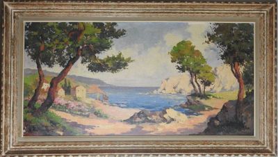 une peinture à l'huile représentant une scène de plage avec des arbres et un plan d'eau