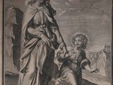an old engraving of a woman holding a child ' s hand