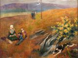 an oil painting of a group of people in a field with a dog