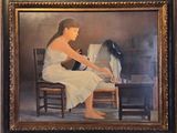 a painting of a woman in a white dress sitting at a desk
