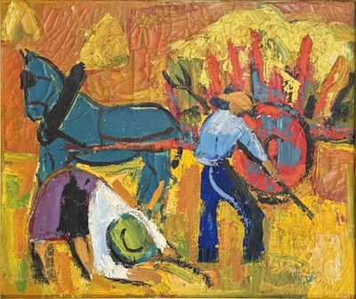 painting of a man plowing a field with a horse and buggy