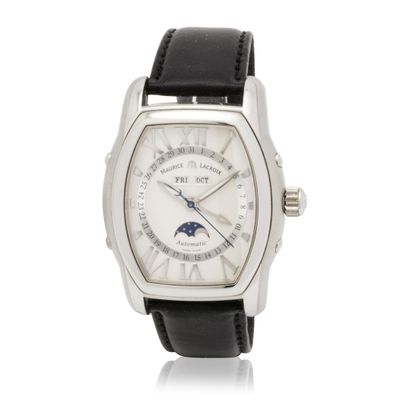 an image of a wrist watch with a white dial and black leather strap