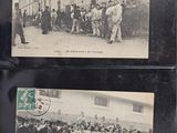 two old black and white photos of a group of people standing in front of a building