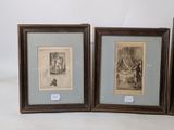 three framed drawings of a man and a woman in a room