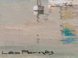 a painting of a boat on the water near a beach