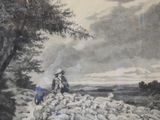 a painting of a man standing in front of a flock of sheep