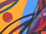 abstract painting of a sun setting over a colorful landscape with trees