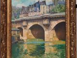 an oil painting of a bridge over a river with a castle in the background