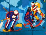 two skiers that are skiing on a blue background
