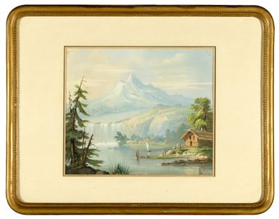 une image représentant un tableau d'un lac avec une montagne en arrière-plan