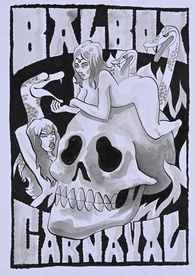 drawing of a skull with a woman sitting on top of it and a man sitting on top of it