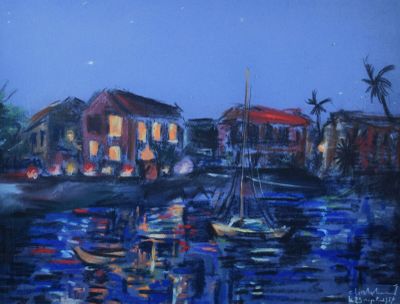 tableau représentant des bateaux dans un port la nuit, avec des bâtiments en arrière-plan