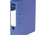 a blue ring binder with a white label on it