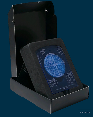 a black box with a blue screen inside of it
